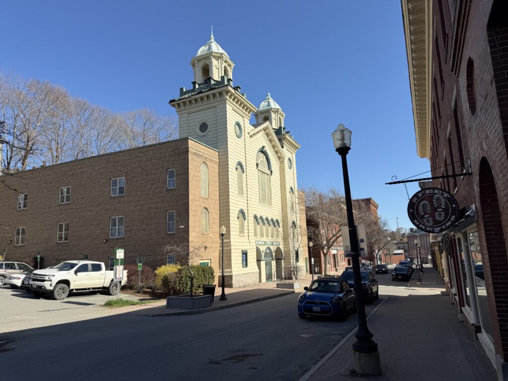 Columbia Street Baptist Church and 2 Feet Brewing on a sunny spring day in downtown Bangor, Maine