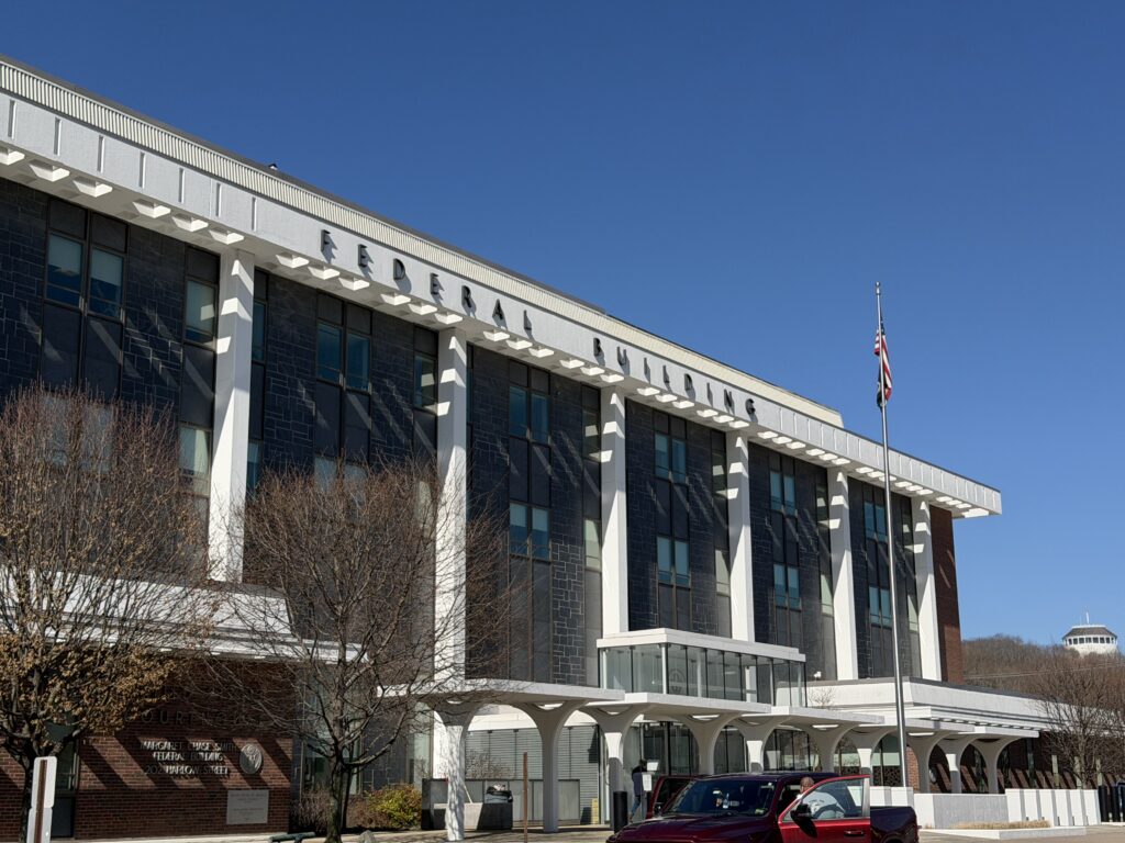 Margaret Chase Smith Federal Building and U.S. Courthouse at 202 Harlow Street in Bangor, Maine, on a clear winter day.