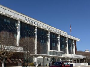 Margaret Chase Smith Federal Building and U.S. Courthouse at 202 Harlow Street in Bangor, Maine, on a clear winter day.