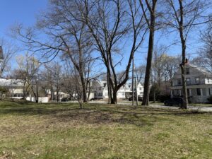 A sunny early-spring view across a grassy lawn with tall bare trees, looking toward a quiet residential street lined with white New England-style houses, including a gray two-story home with a columned front porch.